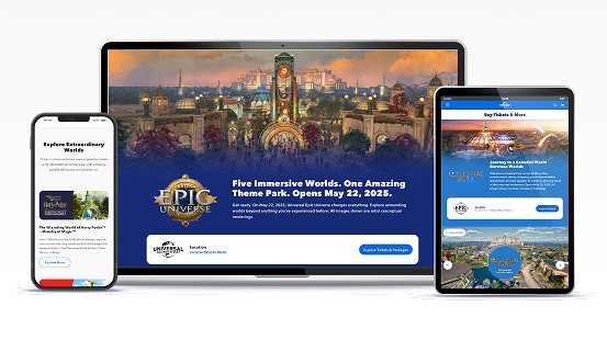 A mobile phone, tablet, and laptop displaying the Epic Universe launch campaign website design