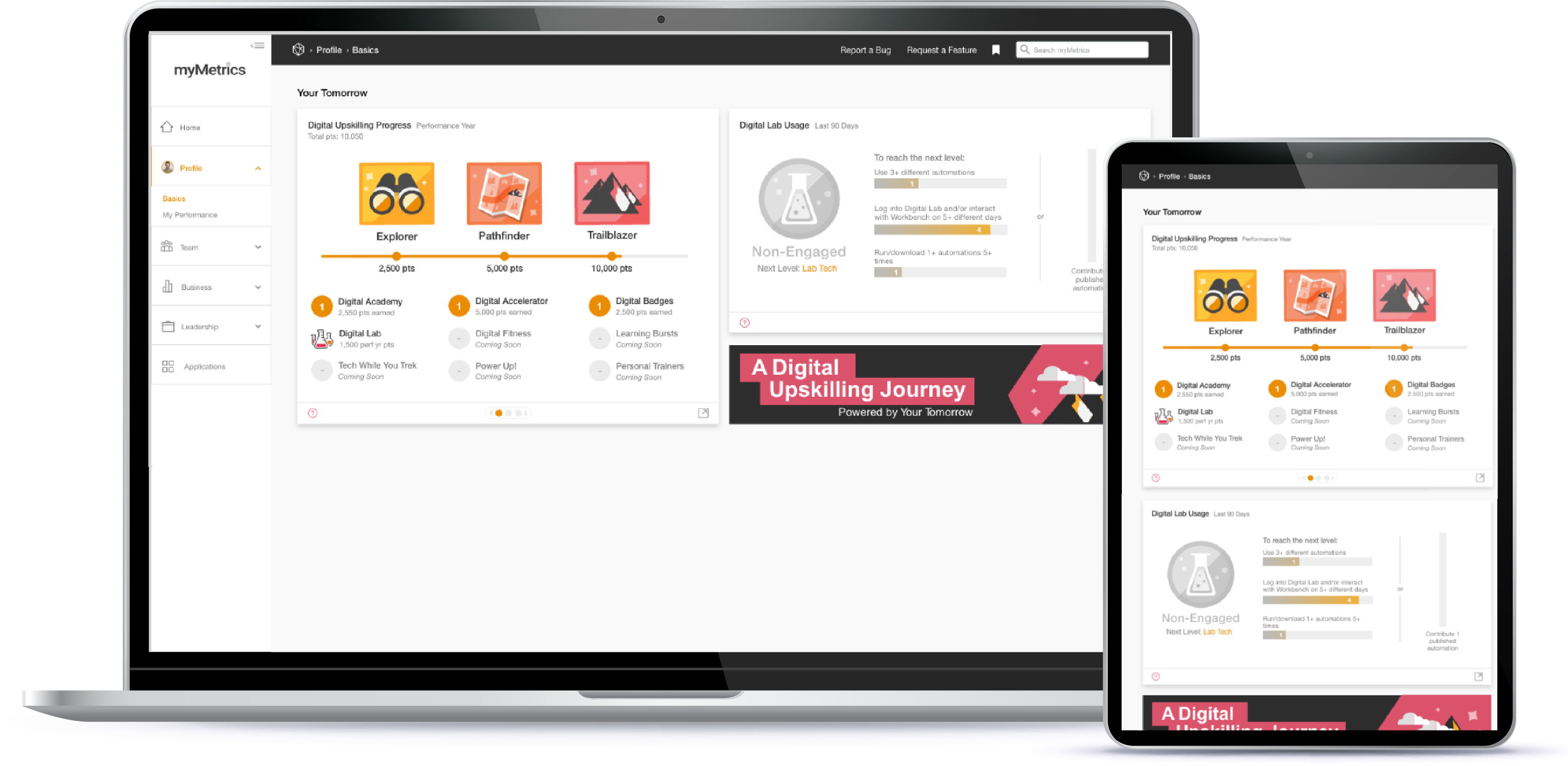 A laptop and a tablet displaying the Your Tomorrow dashboard